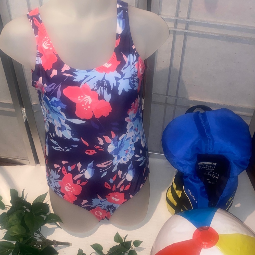 Floral One-Piece Swimsuit - Navy with Pink & Blue Flowers